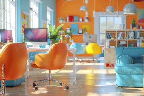 Modern office transformed into a collaborative hub, featuring open-plan spaces and innovation centers bustling with creative energy