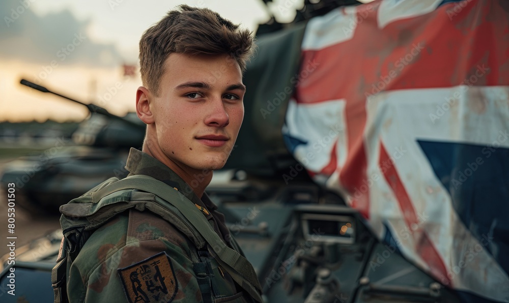 Fototapeta premium A young British soldier with military equipment stands in front of the English flag.