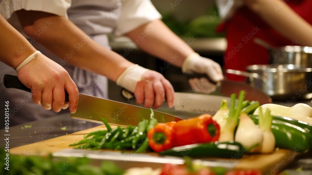 Culinary classroom, students practicing knife skills, vibrant vegetables on cutting board, close-up 