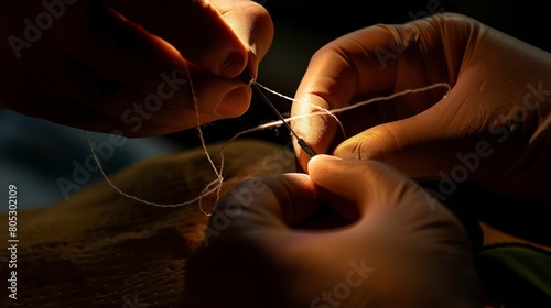 Medical training, close-up on hands performing suturing on practice skin, focused lighting 