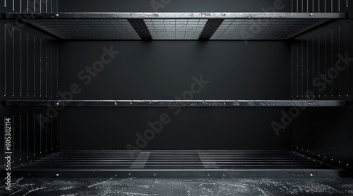 Empty drink shelf, gray plastic texture, front angle, limbo, black background. Generative AI.