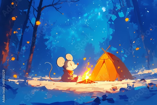 cartoon mouse lighting a campfire at night