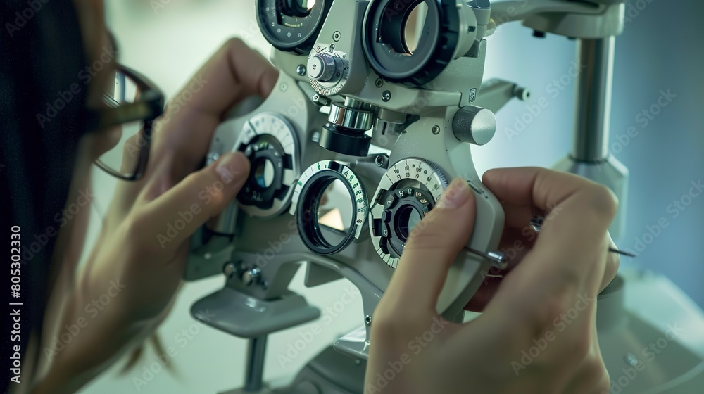 Optometry seminar, optometrist adjusting lenses on phoropter, close-up with clinical precision Optometry seminar, optometrist adjusting lenses on phoropter, close-up with clinical precision