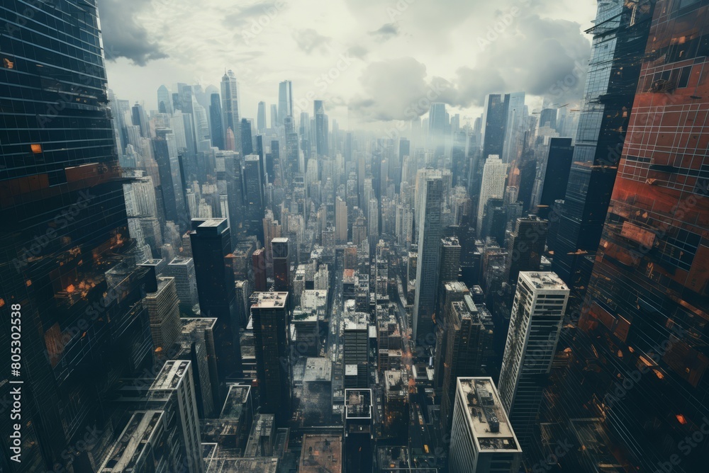 Fototapeta premium Panoramic Skyscraper crushing dust view. Concrete wall. Generate Ai
