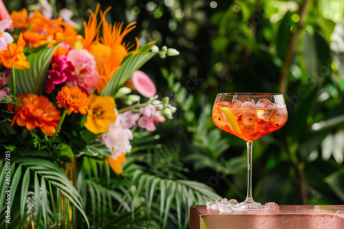 Refreshing aperol spritz cocktail set against a lush backdrop of vibrant tropical flowers and greenery  capturing the essence of a luxury summer retreat