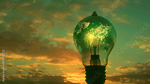 The silhouette of a light bulb against a dusk sky, within it a green world map illuminates ideas of global unity in the pursuit of renewable energy solutions, 
