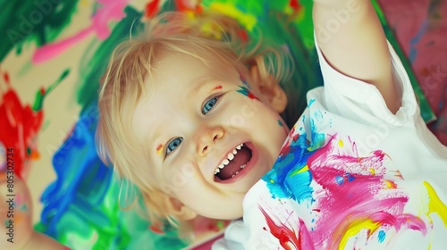 Early childhood education, toddler painting with bright colors, joyous expression, close-up 