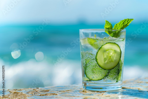 Glass of sparkling cucumber mint drink sits on a stone table with a clear blue sea backdrop, capturing the essence of summer refreshment and tropical relaxation photo