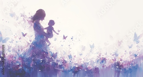 A watercolor illustration of an elegant mother embracing her child photo