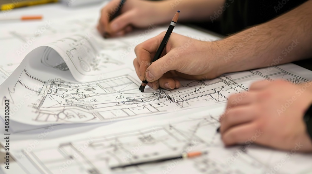 Engineering design class, close-up on student sketching blueprints, clear focus on drawing Engineering design class, close-up on student sketching blueprints, clear focus on drawing