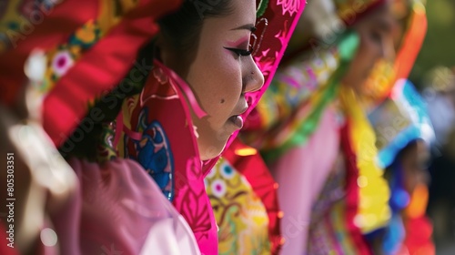 Cultural dance training  vibrant traditional costumes  close-up on dancer        s expressive face 