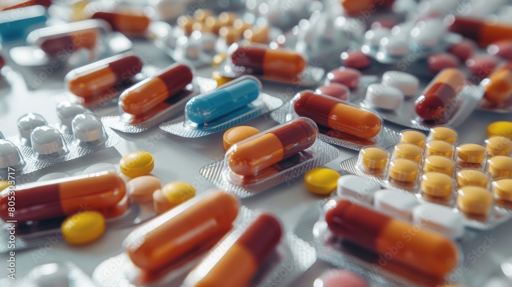 Disposable medicine bags on a white table, pills of various colors spread out, bright space. Generative AI. Disposable medicine bags on a white table, pills of various colors spread out, bright space. Generative AI.