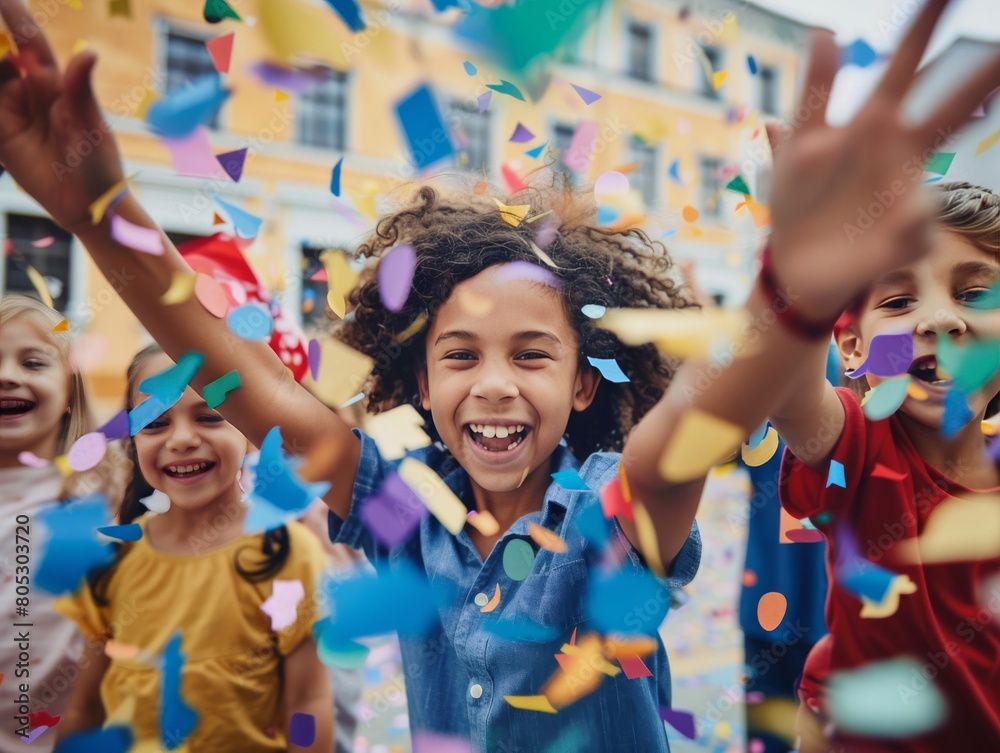 Fototapeta premium Kids tossing paper confetti in celebration. 