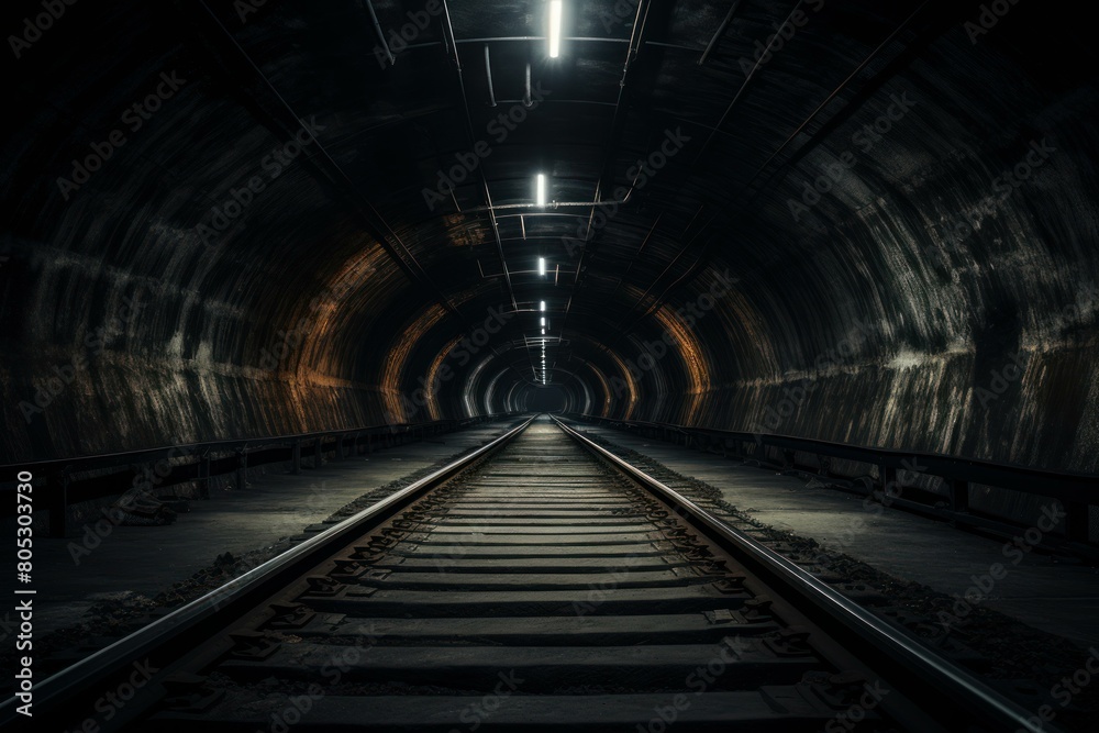 Futuristic Train with lights in sleek tunnel. Black and white photo of high speed modern railway. Generate ai