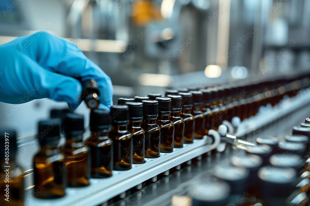 Pharmaceutical Manufacturing Process: Pharmaceutical Machine Working on Production Line of Medical Vials Pharmaceutical Manufacturing Process: Pharmaceutical Machine Working on Production Line of Medical Vials