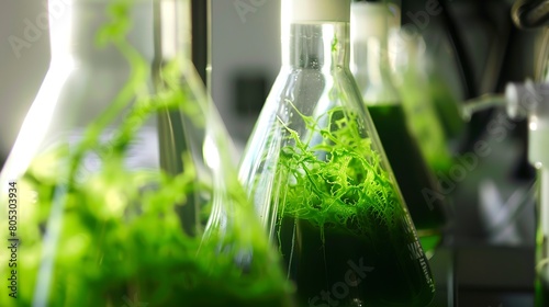 Close-up of green algae biofuel in laboratory flasks, bright green, sharp focus, backlit  photo