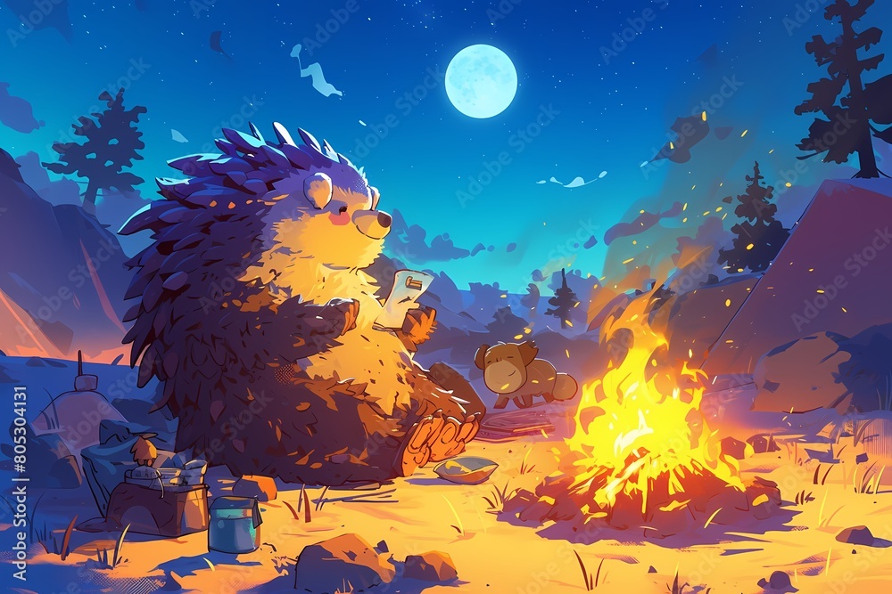 cartoon hedgehog lighting a campfire at night