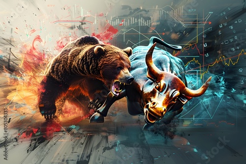 Raging Bear and Charging Bull in Furious Clash Surrounded by Swirling Financial Data