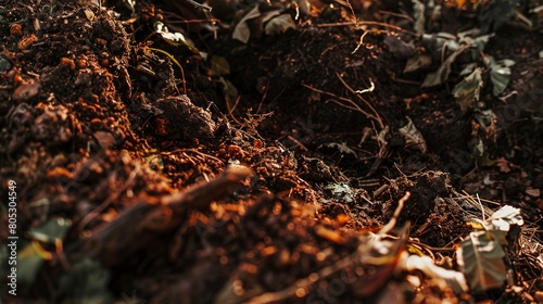 Compost heap in garden, close-up on organic waste, rich earthy colors, natural sunlight, detailed texture 
