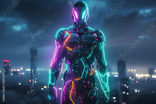 Futuristic Cyborg Warrior with Glowing Cybernetic Enhancements in Dystopian Cityscape