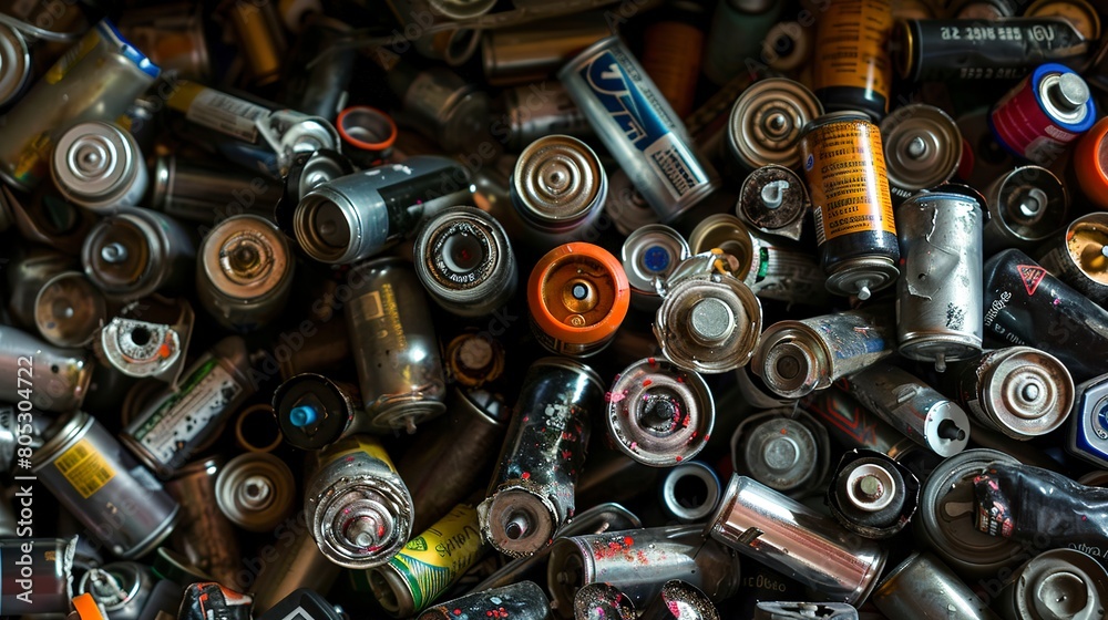 Used batteries in recycling bin, close-up, varied sizes and brands, detailed, ambient lighting Used batteries in recycling bin, close-up, varied sizes and brands, detailed, ambient lighting