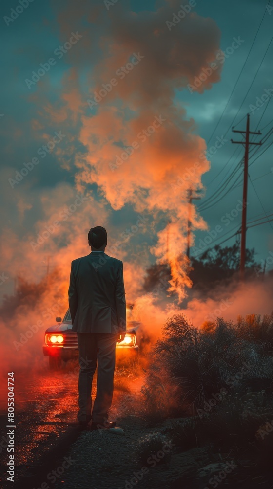 A stressed businessman stands by a smoking car after a breakdown on the roadside, signaling car trouble