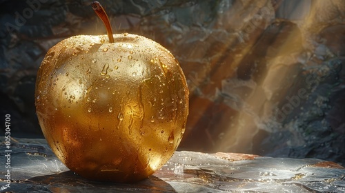 A thought-provoking still life contrasts the opulence of a gold-coated apple with the inevitable decay it's undergoing, challenging perceptions of value and impermanence photo