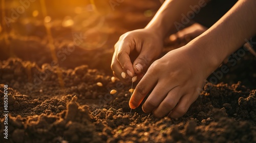 Hands planting seeds in fertile soil, close-up, morning light, high detail, vibrant earth tones
