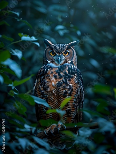 Secretive Owl Perched on Branch Peering Through Moody Moonlit Forest Foliage with Piercing Eyes and Detail