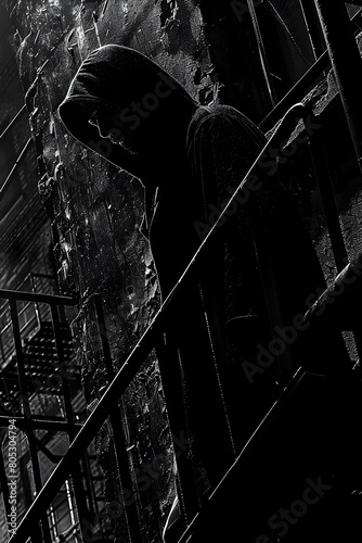 Cloaked Figure Silently Ascending Moody Fire Escape in Gritty Urban Environment with High Contrast Chiaroscuro Lighting and Grunge Textures