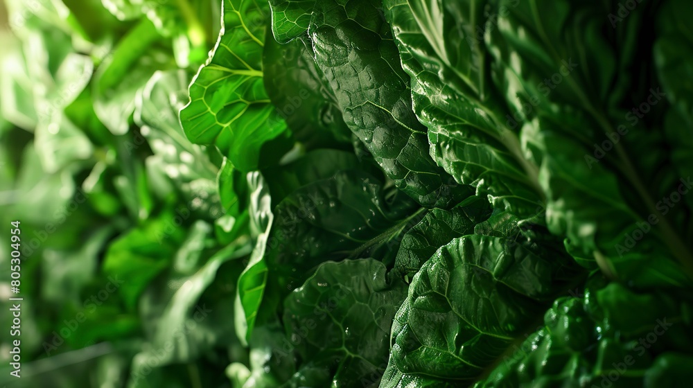 Fototapeta premium Vertical farm, close-up on leafy greens, indoor LED lighting, lush green, detailed texture 