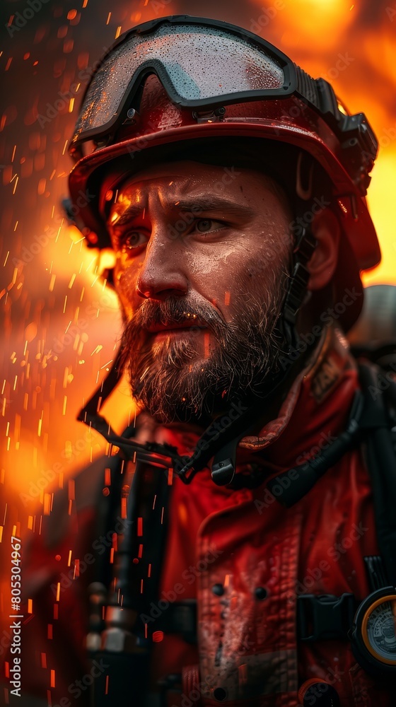 Close-up of a firefighter using a powerful hose to douse flames, determination on face, protective gear, heat and urgency palpable Close-up of a firefighter using a powerful hose to douse flames, determination on face, protective gear, heat and urgency palpable