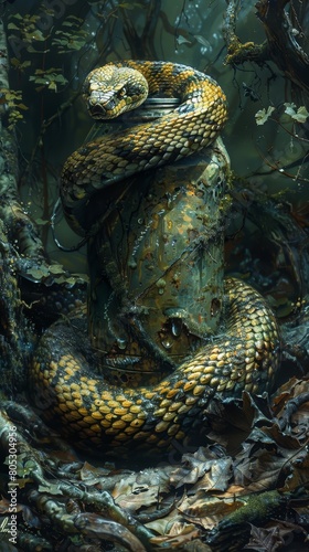 An imaginative portrayal of a snake wrapped around a can in the forest, suggesting the intrusion of products into natural habitats