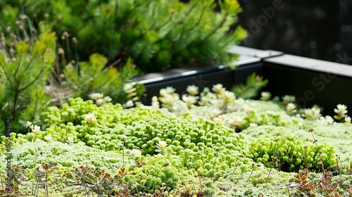 Green roof with sedum plants, close-up, vibrant green, detailed textures, natural light