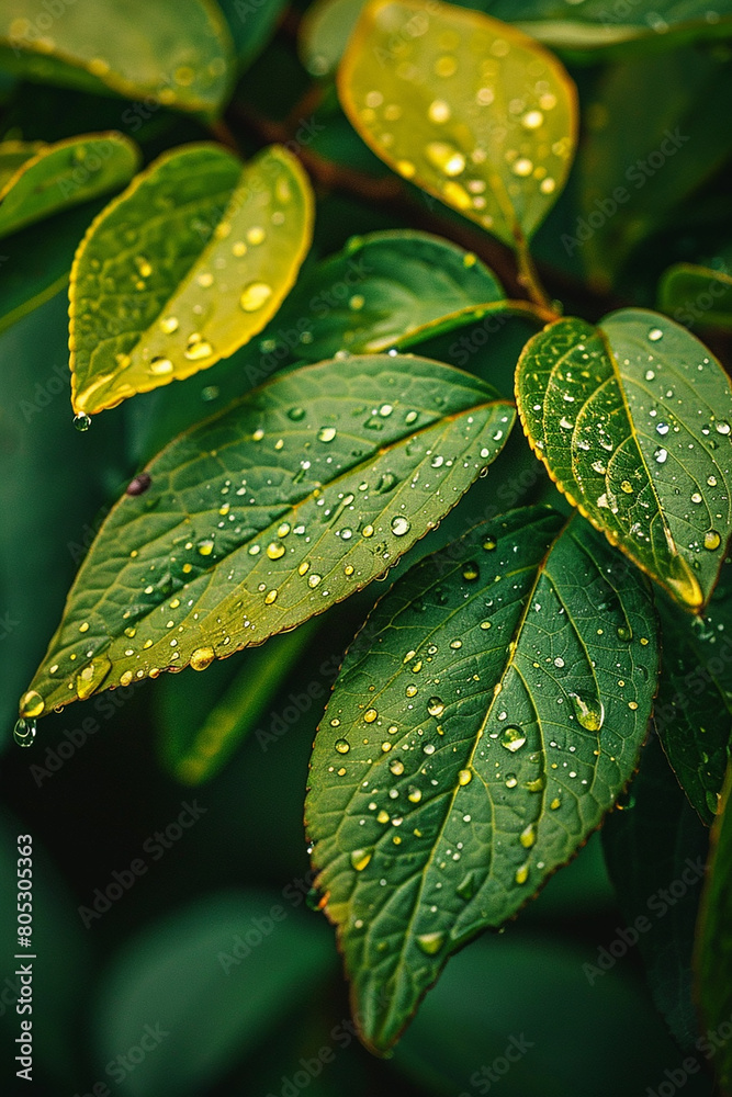 Beautiful green leaves with raindrops generated.Ai Beautiful green leaves with raindrops generated.Ai