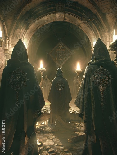 Secretive Ritual in Candlelit Occult Chamber with Ornate Symbols and Artifacts