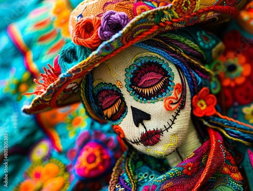A colorful sugar skull doll with a hat.