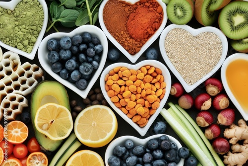 A variety of healthy_foods_in_heart-shaped bowls 