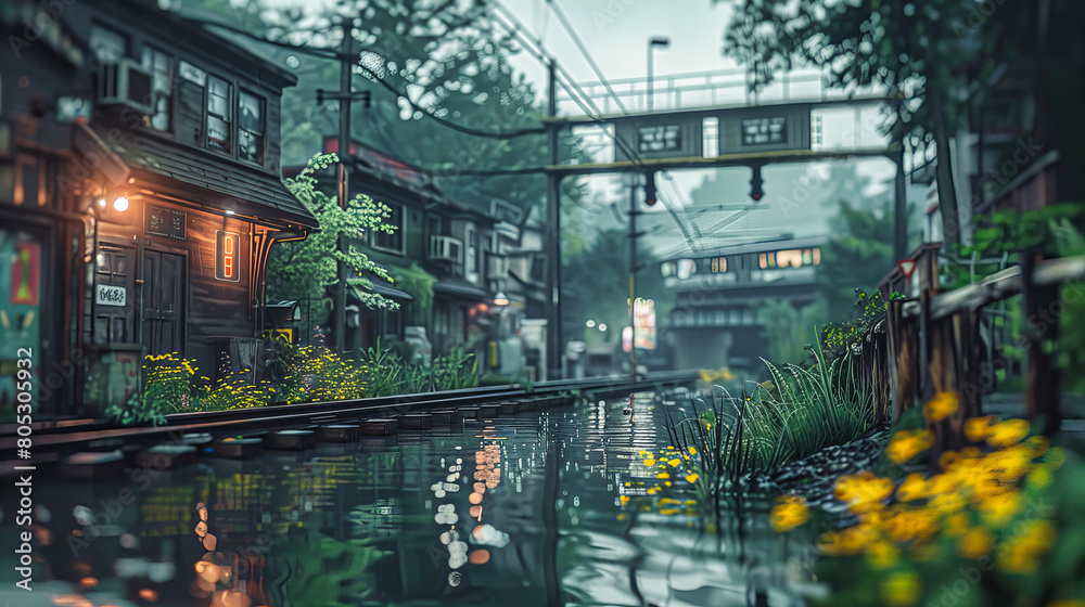 Rainy evening in an Asian town, reflections shimmering on water-strewn streets, enhancing the areas historic charm