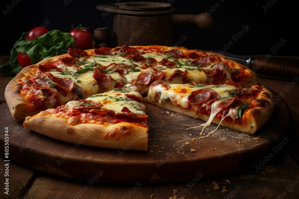 Wholesome Slice rustic pizza. Wooden table. Generate Ai Wholesome Slice rustic pizza. Wooden table. Generate Ai