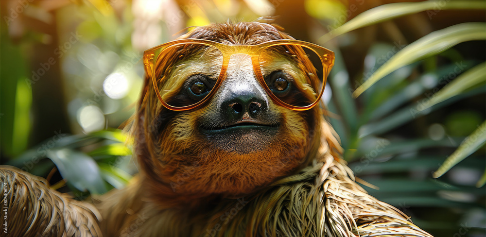 Fototapeta premium A sloth with sunglasses against a lush rainforest setting. Generative AI.