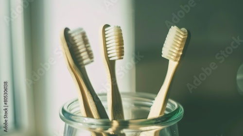 Bamboo toothbrushes in glass jar, close-up, natural light, detailed bristles, soft background 