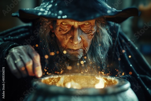 Old scary witch making potion in a large pot