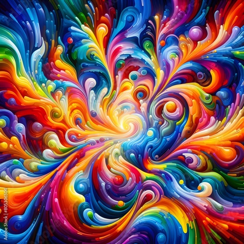 Rainbow Rapture  characterized by abstract colorful shapes cascading and intertwining in a radiant display of vibrant hues and energetic patterns