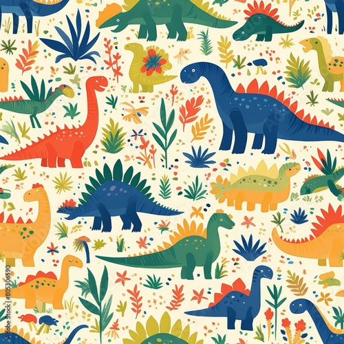 A pattern of dinosaurs in the jungle  illustrated in bright watercolor with vibrant colors and textured details. 