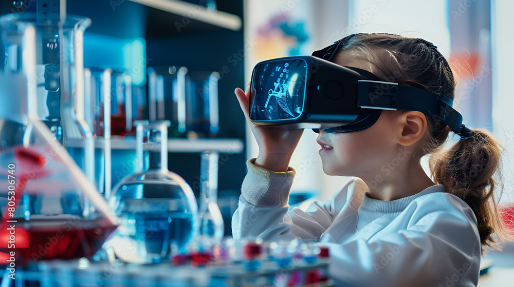 A child donning a VR headset, exploring a virtual laboratory environment filled with scientific equipment and experiments. The camera angle is eye-level, capturing the child's focus and engagement in A child donning a VR headset, exploring a virtual laboratory environment filled with scientific equipment and experiments. The camera angle is eye-level, capturing the child's focus and engagement in