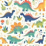 A pattern of dinosaurs in the jungle, illustrated in bright watercolor with vibrant colors and textured details. 