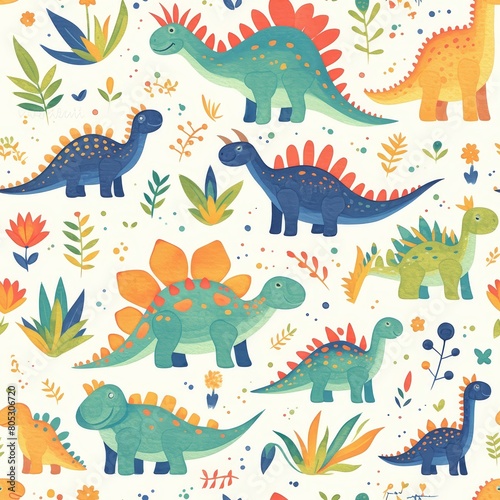 A pattern of dinosaurs in the jungle, illustrated in bright watercolor with vibrant colors and textured details.  photo