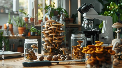A modern scientific lab with a microscope, small jars of amanita mushrooms for research purposes