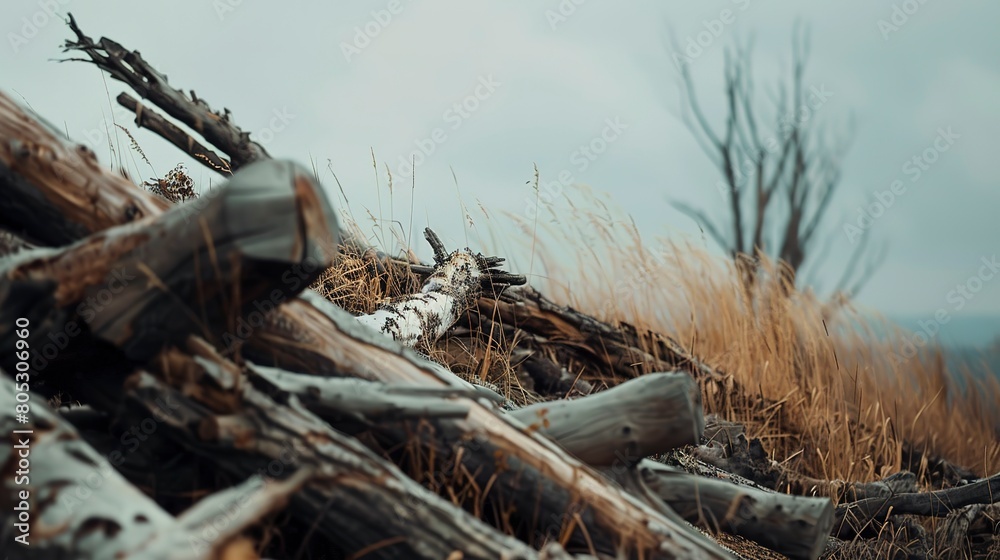 Deforested area with fallen logs, close-up, stark landscape, overcast light, clear textures Deforested area with fallen logs, close-up, stark landscape, overcast light, clear textures